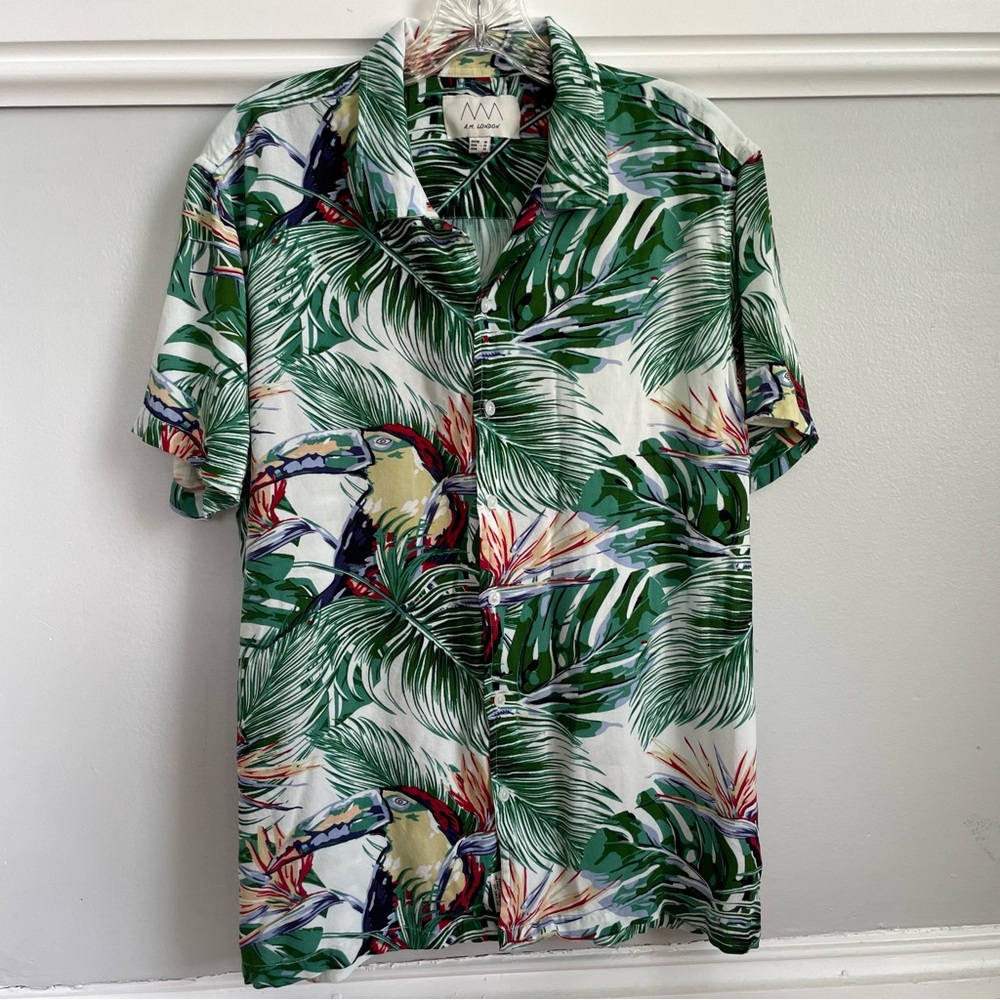 A.M. London Tropical Toucan Green Leaf Print Men's Hawaiian Shirt Sz M